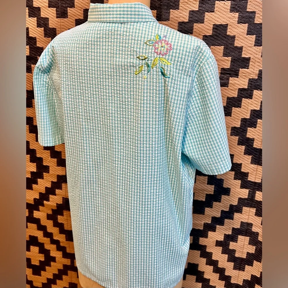 VINTAGE picnic gingham check seersucker plaid button down shirt aqua‎ floral 90s